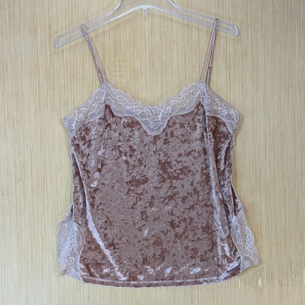 Womens Mauve Pink‎ Crushed Velvet Lace Trim Feminine Romantic Camisole Top Small